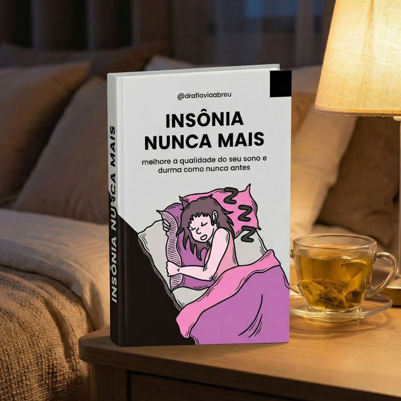 E-book Insônia Nunca Mais na mesa de cabeceira, ao lado de um chá